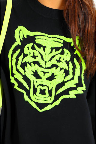 Wild Cat - Black Lime Graphic Knitted Jumper