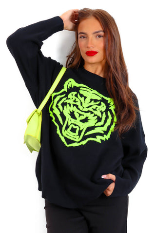 Wild Cat - Black Lime Graphic Knitted Jumper