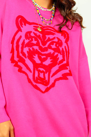 Wild Cat - Pink Red Graphic Knitted Jumper