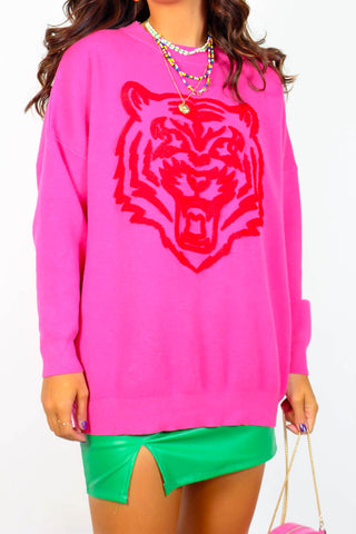 Wild Cat - Pink Red Graphic Knitted Jumper
