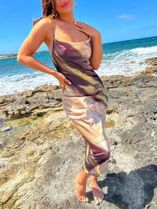 Wishful Fitting - Beige Lime Abstract Printed Cami Midi Dress