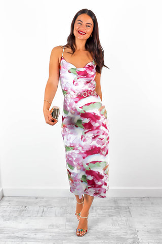 Wishful Fitting - White Purple Abstract Printed Cami Midi Dress